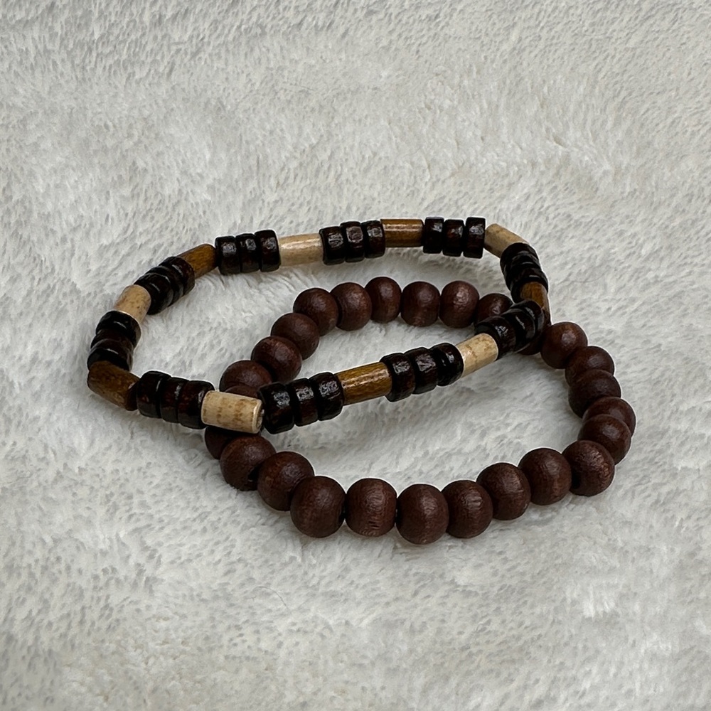 Neutral Wooden Beaded Bracelet Set of 2 Men's Jewelry Dark to light Brown NWT